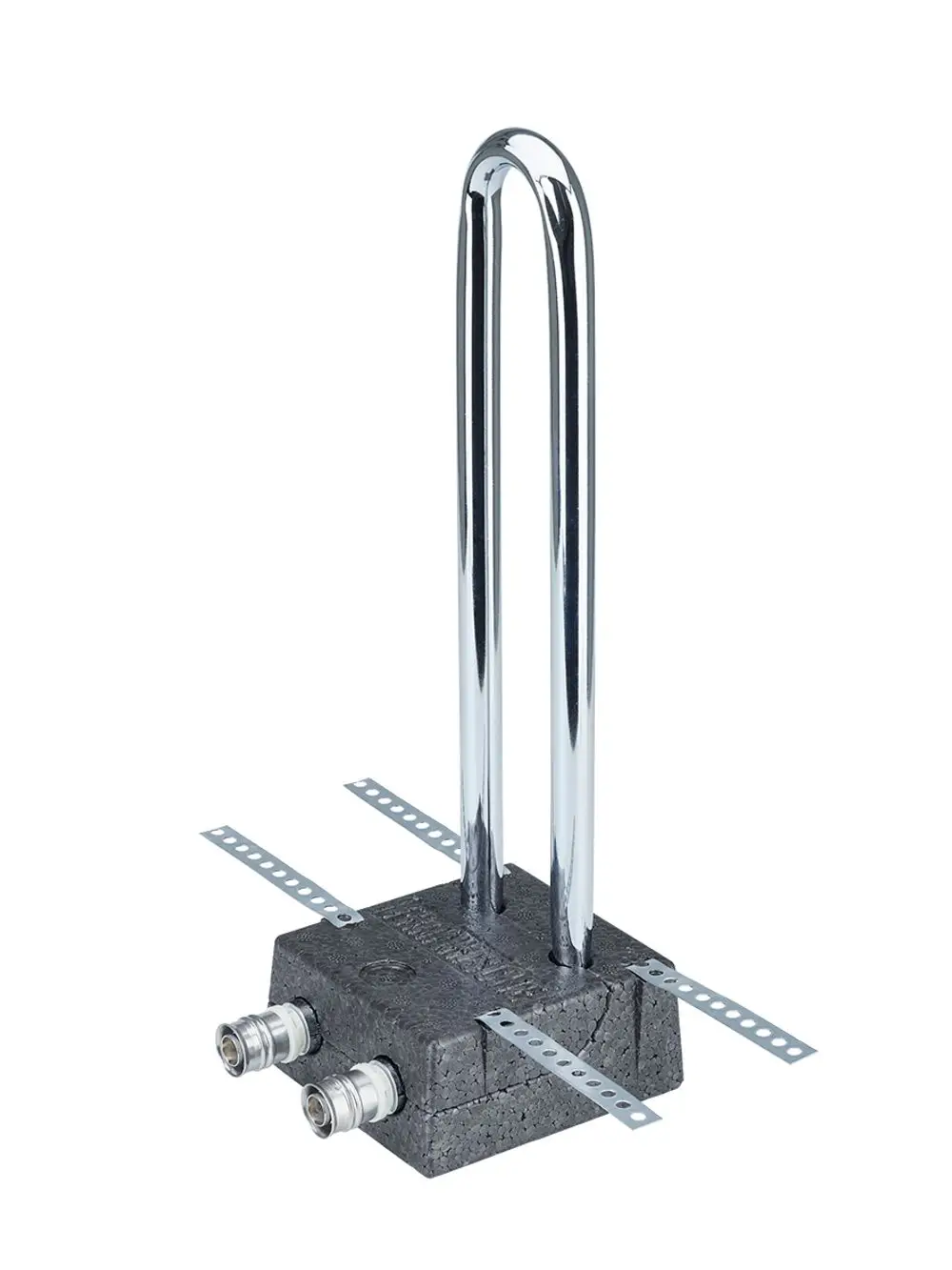 HK-Anschlussblock mit zwei Anschlüssen und einer chromfarbigen Oberfläche. Basis aus grauem Material mit Montageschienen. Produkt von Fränkische.